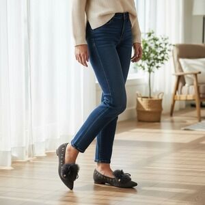 AX Australia UGG 5 Gray Suede Shearling Flats‎ Pom Fur Bow Gold Hardware Ballet